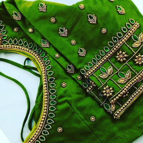 Blouse Design For Green Blouse, Aari Work For Green Blouse, Aari Cutwork Blouse Designs, Aari Work Blouse Aari Work Blouse Simple Design, Aari Work Nath Design On Blouse, Blouse Embroidery Designs Simple, Simple Blouse Aari Work Designs, Green Blouse Embroidery Designs, Parrot Green Blouse Design