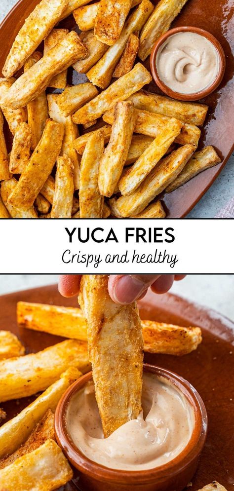 This dish is a popular treat in many Latin American countries and is gaining popularity worldwide for its unique taste and texture. Making Yuca Fries at home is easy and the results are simply fantastic! Your whole family will love these. The best part? They are healthier than your regular fries! Yucca Fries Sauce, Yuca Fries Sauce, Yuca Fries Air Fryer, Fried Yucca Recipe, Yuka Fries, Yucca Root Recipes, Vegetarian Dips, Yuca Fries, Fried Yuca