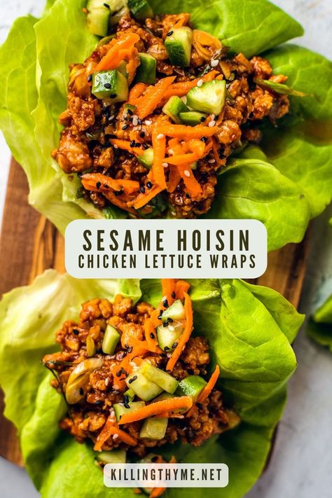 Sesame Hoisin Chicken Lettuce Wraps Thai Chicken Lettuce Wraps, Hoisin Chicken, Chicken Lettuce Wraps Recipe, Lettuce Wrap Recipes, Healthy Weeknight Meals, Grape Salad, Chicken Lettuce Wraps, Thai Chicken, Chicken Wraps