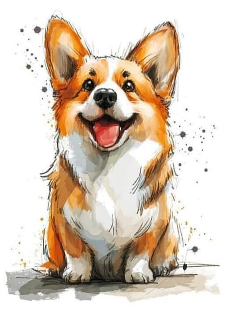 Corgi Doodle, Corgi Wallpaper, Puppy Things, Corgi Drawing, Dog Lovers Art, Corgi Art, Spaniel Art, Whimsical Art Paintings, Corgi Pictures