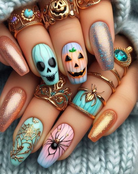 Dark teal nails with intricate fall foliage stamping bring the beauty of autumn to your fingertips. The rich fall nail colors and detailed leaf designs make these nails a standout choice for the season. Find more fall nail ideas and fall nail inspo at nailhow.com. 🍁🍃 Fall Halloween Nail Ideas, Amazing Halloween Nails, Glow In The Dark Fall Nails, Floral Halloween Nails, Halloween Color Nail Ideas, Dark Witchy Nails, Goth Halloween Nails, Nails Art Halloween, Dark Fall Nails