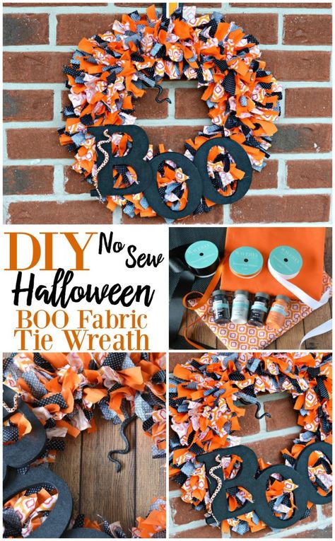 DIY No-Sew Halloween BOO Fabric Tie Wreath Decor Tutorial ~ DivineLifestyle.com ~ This craft idea makes a great gift. crafts gifts project sewing party Halloween Fabric Wreath, Tie Wreath, Patriotic Fabric Crafts, Sew Halloween, Cheap Halloween Diy, Halloween Fabric Crafts, Halloween Arts, Halloween Decor Diy, Halloween Decor Ideas