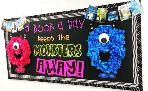 Love this monster & book bulletin board. Adorable for school library or hallway bulletin board display. "A book a day keeps the monsters away!" Monster Bulletin Boards, Fall Bulletin Board Ideas, Monster Theme Classroom, Book Bulletin Board, Hallway Bulletin Boards, Monster Classroom, October Bulletin Boards, Thanksgiving Bulletin Boards, Fall Bulletin Board