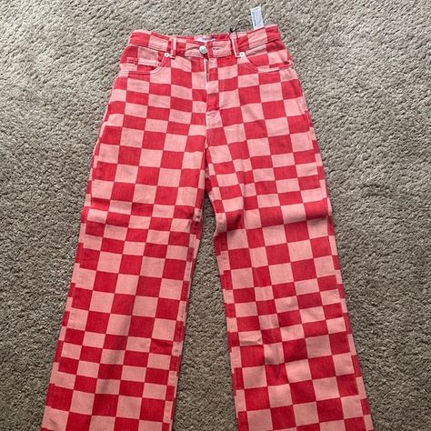 Checker Board Zara Pink & Red Jeans Checkered Clothing, Checkered Jeans, Checkered Clothes, Red Check Dress, Checker Board, Checkered Pants, Checkered Skirt, Red Checkered, Red Jeans