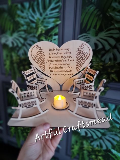 Beautiful Heart and Wings memorial candle display Candle tealight is included. For safety reasons we recommend using a battery operated tealight Light a candle for a loved one no longer with us this  Personalise with "Name or Title or Name and Title " up to 2 personalised words can be added to the chair.  Up to 4x chairs available from options Please leave a message with required names or titles upon checkout, ensuring all spelling is correct.  If no name is left then a blank chair will be sent. Poem Decoration Ideas, Memorial Crafts For Loved Ones, Candle Memorial, Son Poems, Crafts 2024, Memorial Favors, In Loving Memory Gifts, Angel Wing Ornaments, Artful Ashes