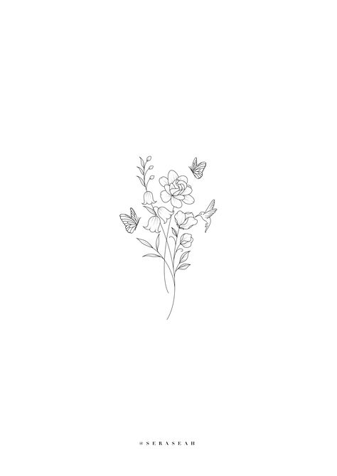 Tattoo Ideas Line Art Women, July Birth Flower Tattoo Minimalist, Flower Tattoo With Hummingbird, Flower On Hip Tattoo, Tattoos For Upper Thigh, Dainty Hummingbird Tattoo With Flowers, Flower Inspired Tattoos, January And November Flower Tattoo, Small Tattoos Floral