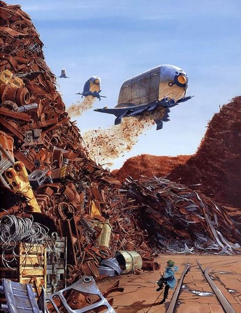 Garbage Dump Illustration, Junkyard Illustration, Junkyard Concept Art, Dragons Illustration, Chris Foss, Trash Dump, Space Trash, Garbage Dump, Drones Concept