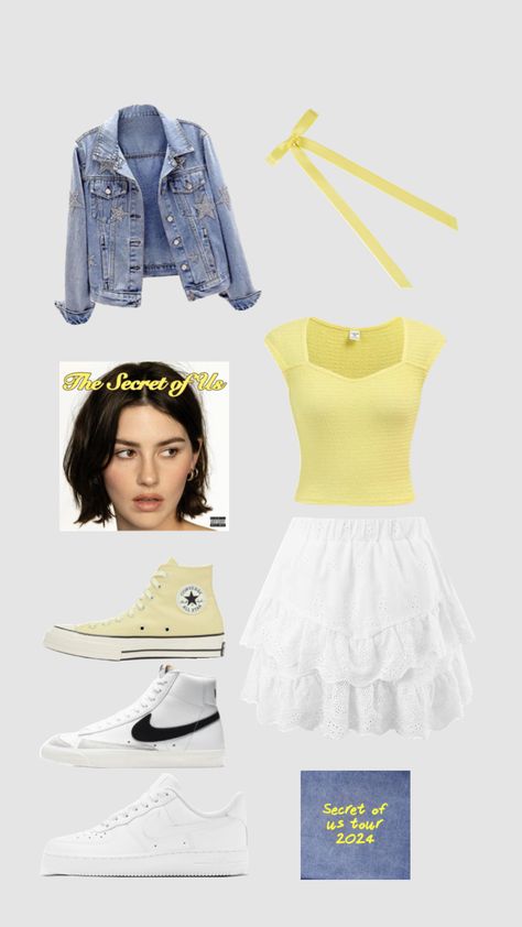 Secret of us tour outfit 💛 The Secret Of Us Concert Outfits, The Secret Of Us Outfits, The Secret Of Us Tour Outfit Ideas, Gracie Abrams Tsou Tour Fits, Secret Of Us Tour Outfits, Tsou Concert Outfit, Gracie Abrams Concert Outfits, Gracie Outfit, Tsou Concert