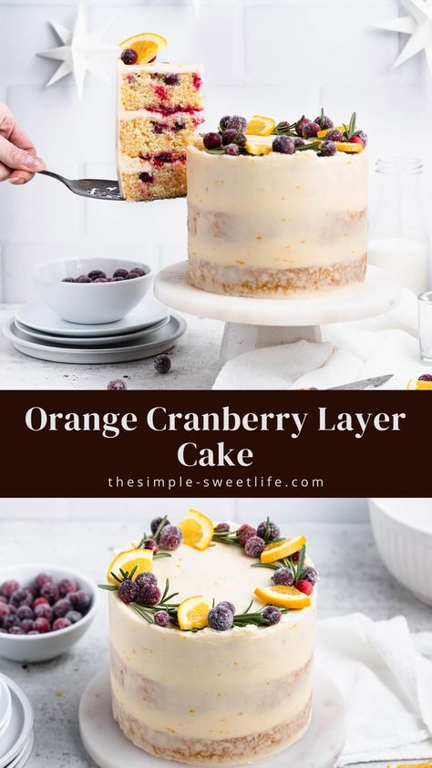 Bring on all the cozy winter vibes with this orange cranberry cake. Featuring three layers of moist cake, a tart cranberry filling and an orange creamsicle buttercream frosting, this cake strikes just the right balance of tart and sweet. Orange Cranberry Cake, Cranberry Filling, Cranberry Orange Cake, Cozy Winter Vibes, Cranberry Dessert, Fig Cake, Cranberry Cake, Orange Cranberry, Moist Cake