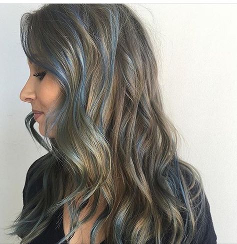 Denim Blue Highlights In Brown Hair, Dusty Blue Peekaboo Hair, Brown And Light Blue Hair, Light Brown And Teal Hair, Dark Blue With Light Blue Highlights, Blonde And Blue Hair, Denim Hair, Blue Highlights, Hair Jewels