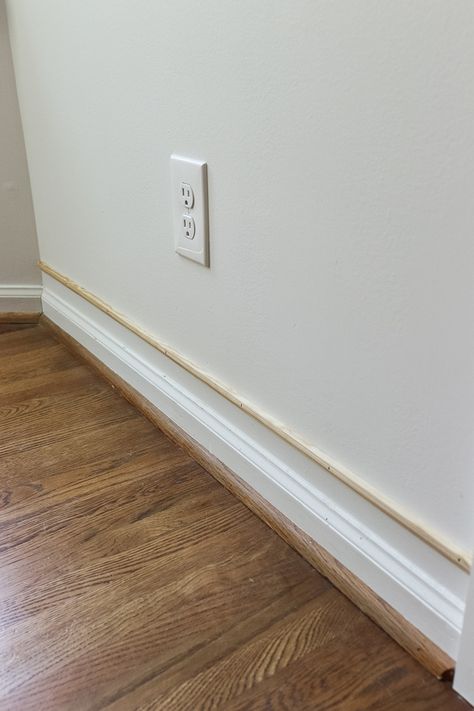 Make Trim Look Bigger, Add Trim To Baseboards, Adding To Baseboard Trim, How To Make Baseboards Look Taller, Tall Baseboard Trim, Flexible Molding Trim, Baseboards And Trim Ideas, Kitchen Renovation On A Budget, Wagon House