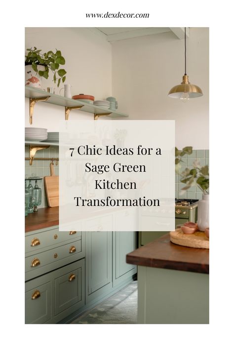 Sage green kitchen with gold accents and decorative plants. Sage Green And Black Kitchen Ideas, Sage Green Kitchen Backsplash Ideas, Sage Green Painted Kitchen Cabinets, Howdens Sage Green Kitchen, Clary Sage Kitchen, Sage Cabinets Kitchen, Sage Green Kitchen Ideas, Sage Green Kitchen Walls, Sage Green Cabinets