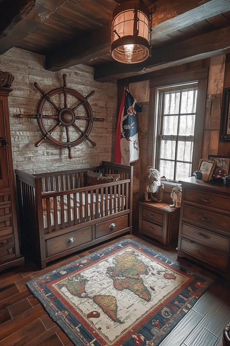 29 Ocean Nursery Ideas to Bring Underwater Magic to Your Baby’s Space 17 Ship Themed Nursery, Jungle Cruise Nursery, Submarine Bedroom, Pirate Nursery Theme, Ocean Nursery Ideas, Baby Boy Bedroom Ideas, Pirate Nursery, Turtle Sanctuary, Adventure Room