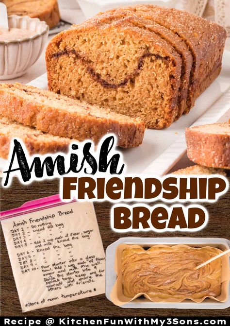 This cinnamon swirl Amish Friendship Bread is soft, fluffy and has a cinnamon sugar topping. There's also a printable starter recipe included for you to pass along to your family and friends! Amish Breads, Amish Friendship Bread Starter Recipes, Friendship Bread Recipe, Friendship Bread Starter, Amish Bread, Cinnamon Bread Recipe, Amish Friendship Bread, Friendship Bread, Sugar Bread