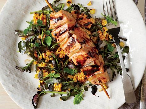 Ginger Salmon, Meat And Vegetables, Watercress Salad, Healthy Fish, Quick Weeknight Dinners, Watercress, Grilled Corn, Grilled Salmon, Baklava