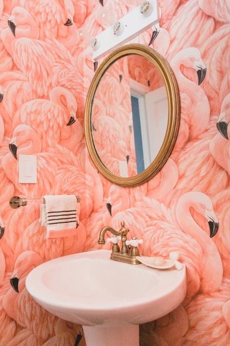 Tenniswood Inspiration, Small Half Baths, Estilo Kitsch, Easy Home Improvement Projects, Easy Home Improvement, Flamingo Wallpaper, Murphy Beds, Diy Remodel, Half Bathroom