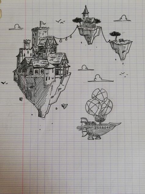 Sky Island Drawing, Floating Land Drawing, Floating Island Drawing Simple, Floating House Drawing, Fantasy Sketch Ideas, Floating City Drawing, Floating Island Sketch, Flying Island Drawing, Drawing In Class Sketch