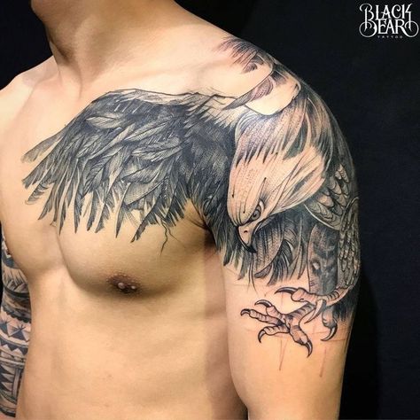 Tattoo Chest And Shoulder, Eagle Tattoo Arm, Eagle Back Tattoo, Eagle Shoulder Tattoo, Upper Shoulder Tattoo, Eagle Chest Tattoo, Bald Eagle Tattoos, Tattoo Eagle, Hawk Tattoo