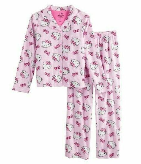 Hello Kitty Pajamas, Fleece Pjs, Pajamas Aesthetic, Button Up Pajamas, Kitty Clothes, Hello Kitty Clothes, Cute Pjs, Pajamas Sets, Girls Sleepwear