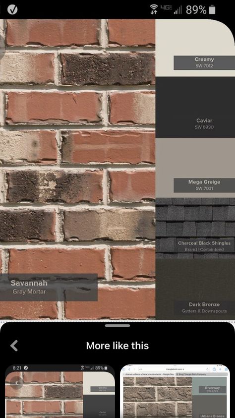 Outdoor House Paint Colors With Red Brick, Orange Brown Brick House Exterior Color Schemes, Dark Siding With Brick Exterior, Exterior House Embellishments, Red Brick Cream Siding, Brown Brick Siding Colors, Brick And Black Exterior House, Brown And Black Brick House, Shutter Colors For Brick House Exterior