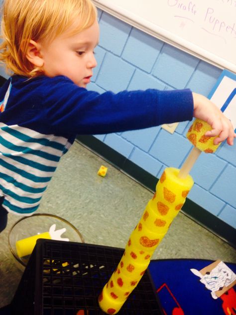 Build a giraffe tower using a thick dowel rod and a yellow mini pool noodle cut into pieces and colored with brown spots Giraffe Activities For Toddlers, Giraffe Sensory Activities, Gorilla Preschool Activities, Preschool Jungle Activities, Giraffe Activities Preschool, Dear Zoo Activities Eyfs, Feelings Activities Preschool, Jungle Activities, Preschool Jungle