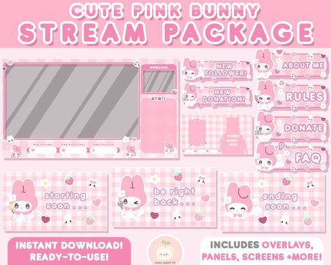 Twitch Cute Pink Bunny Stream Package Twitch Overlays - Etsy Philippines Tiktok Layout Design, Vtuber Loading Screen, Kawaii Stream Overlay, Cute Layout Design, Textbox Png Aesthetic, Cute Twitch Panels, Twitch Layout Ideas, Pink Twitch Overlay, Vtuber Layout