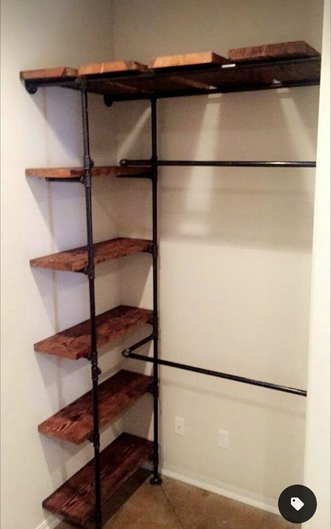 Stained Wood Closet Shelves, Wooden Closet Shelves With Rod, Industrial Closet Ideas Small Spaces, Exposed Closet Ideas, Rustic Closet Ideas, Homemade Closet Ideas, Diy Open Closet, Industrial Pipe Closet, Open Closet Storage