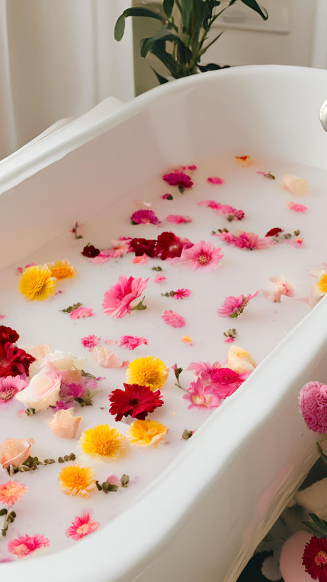 #selfcare #selflove #selfcaretips #selfcaresunday #bath #bathtub #flowerbath #floralbath #milkbath #aesthetic #calming #pink #spring #healing #summer #thatflowerfeeling #mentalhealth #girly #cleangirl Milk Bath Aesthetic, Pamper Aesthetic, Flower Bath Aesthetic, Onsen Aesthetic, Relaxing Bath Aesthetic, Bath Tub Photography, Bubble Bath Aesthetic, Healing Summer, Korea Vacation