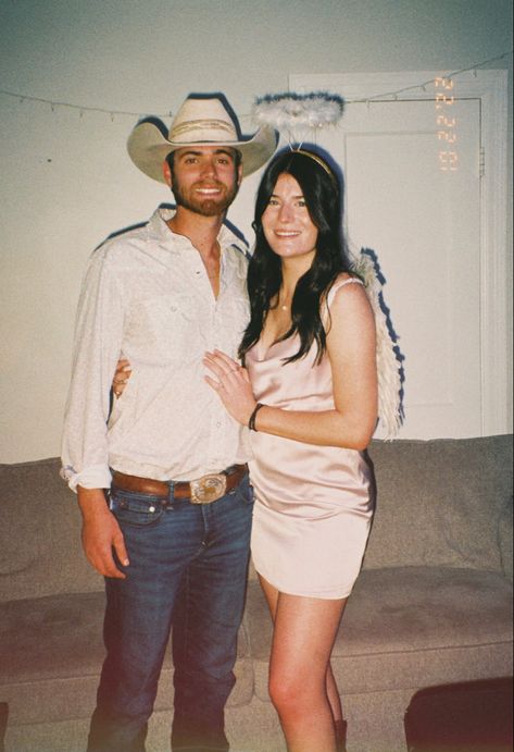 Angel And Cowboy Costume, Cowboy And Angel Costume Halloween, Cowboy And Angel Costume, Cowboys And Angels Costume, Holloween Costumes, Cute Couples Costumes, Angel Halloween Costumes, Cowboys And Angels, Halloween 23