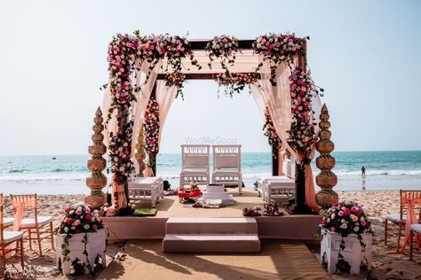 Photo of A floral mandap setup by the sea side Indian Wedding Beach, Mandap Setup, Indian Beach Wedding, Destination Wedding Aesthetic, Floral Mandap, Vidhi Mandap, Mandap Ideas, Shaadi Decor, Hindu Wedding Decorations