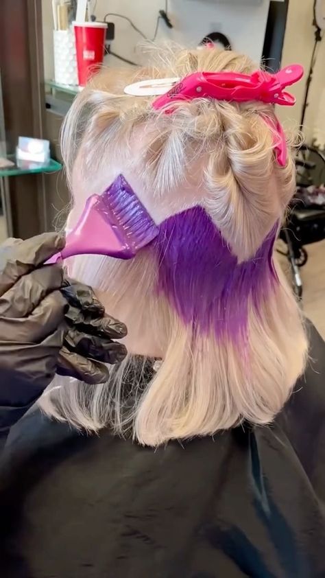 Blond With Color, Blonde And Purple Hair Short, Pastel Hair Colors With Blonde, Blonde Hair With Purple Peekaboo, Creative Hair Color Placement, Blonde Hair With Purple Tips, Hidden Rainbow Hair, Hair Color Placement, Short Hair Accessories