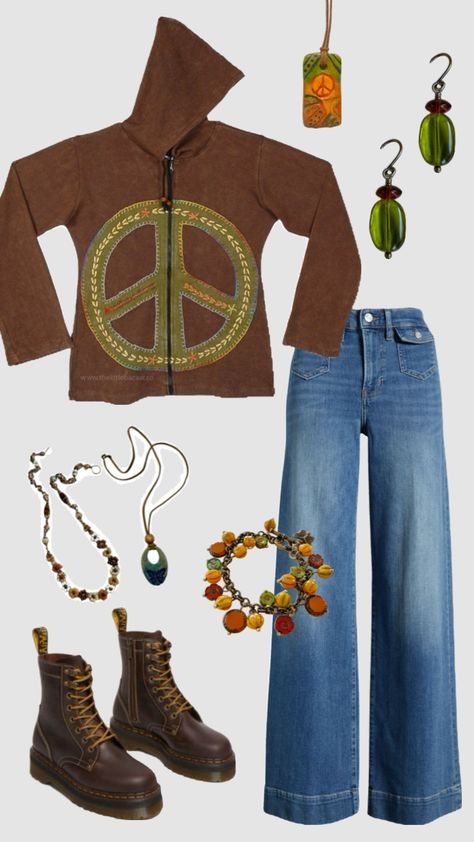 70s hippie outfit #70s #hippie #boho Hippie Outfits For School, Hippie Granola Outfits, Retro Hippie Outfits, Hippie Inspired Outfits, 70s Hippie Outfits, 70s Hippie Aesthetic, Hippie Outfit Inspo, 60s Fashion Hippie, 80s Hippie