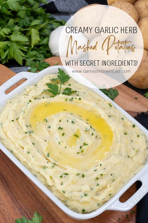 Secret Ingredient Creamy Garlic Herb Mashed Potatoes | ©GarrisonStreetEats | Secret Ingredient | Creamy | Garlic | Herb | Mashed Potatoes | Chives | Homemade | Easy | Thanksgiving | Christmas | Recipe | Best | Sour Cream | Simple | Mashed Potatoes Recipe Easy | Thanksgiving Recipes Side Dish | Thanksgiving Cooking | Sides | for a Crowd | Garlic Mashed Potatoes Easy | Vegetable Side Dish | Gluten Free | Vegetarian | Ranch | Hidden Valley | Ranch Mashed Potatoes | Traditional | Southern | Ahead Simple Mashed Potatoes Recipe, Sides For A Crowd, Simple Mashed Potatoes, Herb Mashed Potatoes, Ranch Mashed Potatoes, Garlic Herb Mashed Potatoes, Garlic Mashed Potatoes Easy, Stovetop Recipes, Thanksgiving Recipes Side Dishes Easy