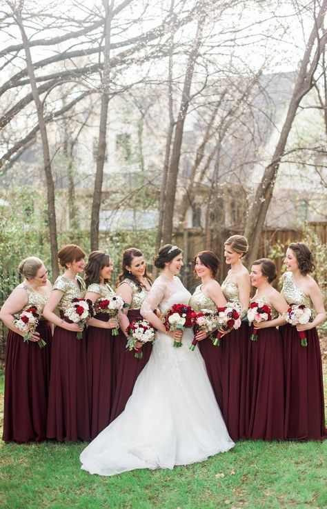 Burgundy and gold bridesmaids dresses Burgundy And Gold Bridesmaid Dresses, Burgundy Quince, Burgundy Wedding Dress, Gold And Burgundy Wedding, Vintage Wedding Colors, Wedding Motif, Burgundy Wedding Colors, Burgundy And Blush Wedding, Popular Wedding Colors