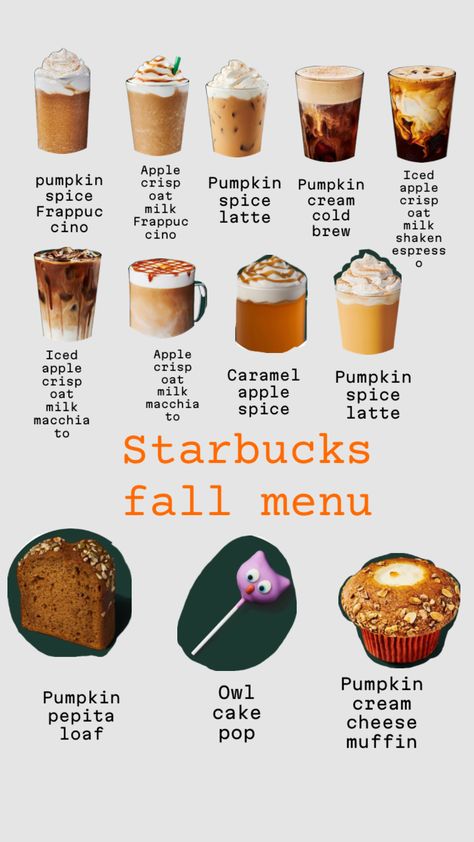 #starbucks #fall #pumpkinspicelatte #pumpkinspice #secretmenu #coffee #starbucksaesthetic #fallaesthetic #dessert #vibes #frappe #starbucksinspo #beauty #fallgirlaesthetic #fallcore #taylornation #like Fall Coffee Drinks, Starbucks Fall Drinks, Starbucks Secret Menu Recipes, Cold Starbucks Drinks, Secret Starbucks Recipes, Starbucks Pumpkin Spice, Spiced Drinks, Fall Menu, Starbucks Secret Menu Drinks