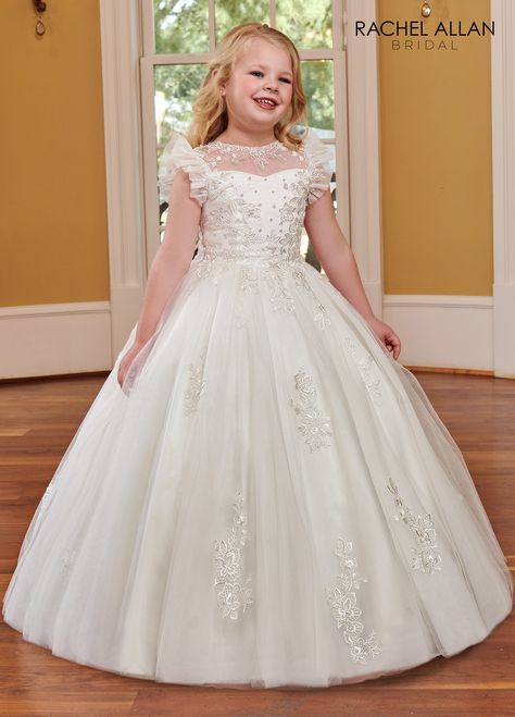 RB9122 - Tulle and lace applique flower girl ball gown with illusion round neck line, flutter sleeves, keyhole and bow on the back, pearls and beads on bodice, and lace-up back closure. Tulle Princess Dress With Floral Applique For First Communion, Princess Ball Gown First Communion Dress With Ruffles, White Floral Applique First Communion Dress, First Communion Tulle Dress With Floral Applique, Tulle First Communion Dress With Floral Applique, Communion Dresses Lace, Comunion Dress, Girls First Communion Dresses, Girls Ball Gown