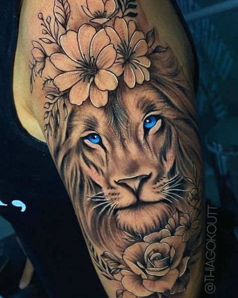 Lion Tattoo With Flowers, Leo Lion Tattoos, Lion Tattoo On Thigh, Female Lion Tattoo, Animal Tattoos For Women, Lioness Tattoo, Lion Head Tattoos, Lion Tattoo Design, Leo Tattoos