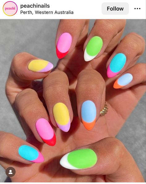 Matte French 🌈 Multicolour Nails, Nail Polish Colors Summer, Spring Break Nails, Multicolored Nails, Neon Nail Designs, Unghie Sfumate, Broken Nails, Colorful Nail, Glamour Nails