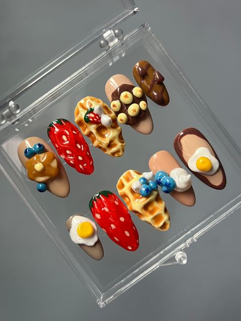 Hand painted gel press ons, made to order.  Breakfast themed nails with 3D nail art on each nail. 3D fruit and waffle nailsShape & Length in images: medium almond. Each press on set comes with a set of application tools. I recommend ordering a sizing kit to know your nail size! Message me with questions!! 3d Sculpture Nail Art, 3d Sculpted Nail Art, Cherry Pie Nails, Sculpting Gel Nails Design, Pancake Nails, Thanksgiving Food Nails, Cute 3d Nails, Custom Press Ons, Fruit Gel Nails