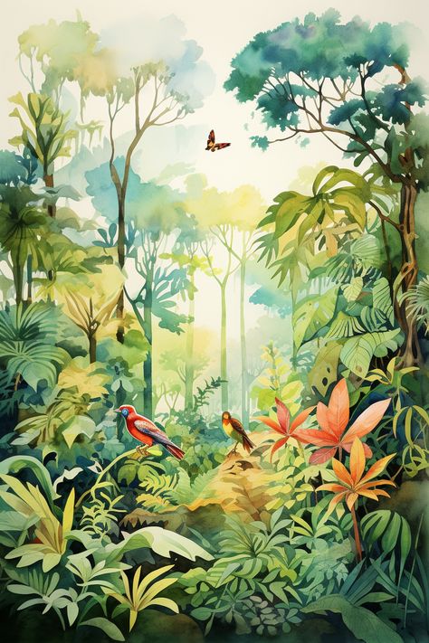 40 Easy and Beautiful Watercolor Paintings - Proactive Creative - Guides for Visual Artists Beautiful Watercolor Paintings, Jungle Drawing, Rainforest Birds, Jungle Painting, Forest Drawing, Jungle Illustration, Tropical Painting, Afrique Art, Concept Art Tutorial