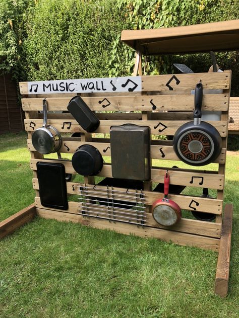 Music Wall Eyfs Outdoor Play, Music Wall Preschool Outdoor Play, Outside Areas Eyfs, Diy Preschool Classroom Furniture, Outdoor Music Wall For Kids, Outdoor Play Eyfs, Natural Play Spaces Early Childhood, Ks1 Outdoor Area Ideas, Outdoor Construction Area Eyfs