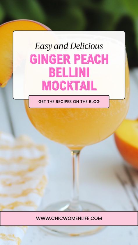 Ginger Peach Bellini Mocktail Peach Bellini Mocktail, Bellini Mocktail, Dessert Quotes, Sparkling Lemonade, Ginger Peach, Peach Puree, Juicy Peach, Day With Friends, Peach Bellini