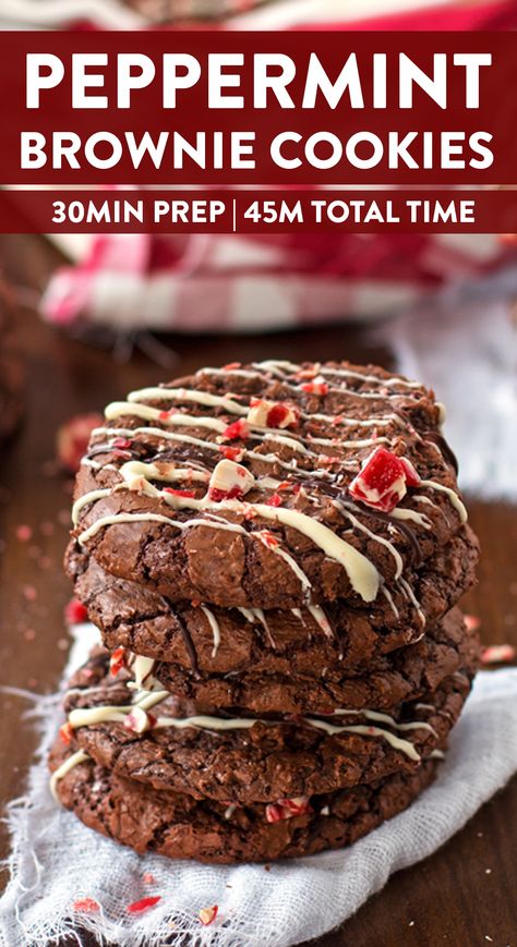 You will love baking up a storm this Christmas with this recipe for Peppermint Brownie Cookies! Deliciously chewy and fudgy cookies full of cocoa flavors are drizzled with chocolate and topped with red and white candies! The perfect holiday treat! Great for a cookie swapping party - better bring a double batch! | #christmas #christmascookies #christmascookierecipes #CookieRecipe #cookies #christmasrecipes #christmasfood #holidayrecipes #holidaybaking #baking #recipes #christmascookieexchange Cookies Flavors, White Candies, Peppermint Brownie Cookies, Fudgy Cookies, Peppermint Brownie, Holiday Candies, New Year's Desserts, Peppermint Brownies, Toffee Cookies