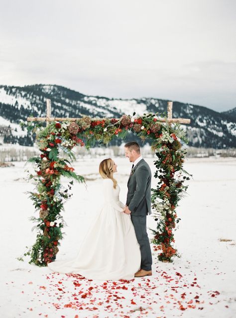 Gorgeous wintery wedding ceremony: http://www.stylemepretty.com/2015/12/25/happy-holidays-elegant-winter-wedding-inspiration/ | Photography: Rebecca Hollis - http://rebeccahollis.com/ Winter Wedding Arch, Christmas Wedding Inspiration, Outdoor Winter Wedding, Xmas Wedding, Elegant Winter Wedding, Wedding Ceremony Ideas, Winter Wedding Colors, Mountain Bride, Winter Wedding Inspiration