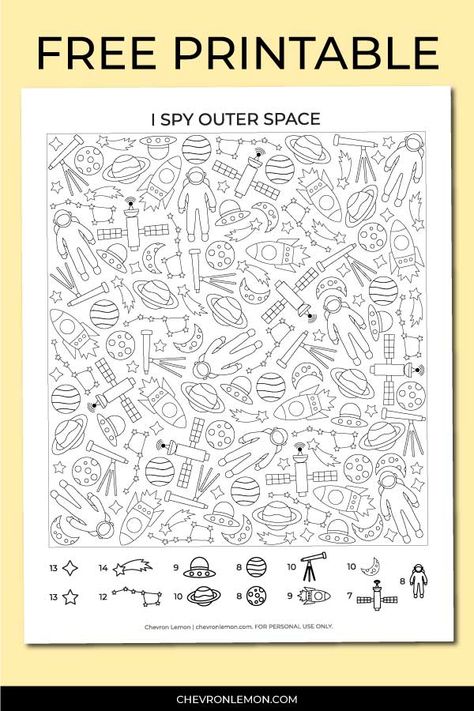 Are you looking for I spy outer space printables? This free printable is a great indoor activity for kids. This printable includes 13 space-related things to find (and color!) - astronaut, satellite, space ship, stars, constellations, and more. Grab this printable PDF I spy on my blog, print, and have fun. #Ispyouterspace #outerspaceprintable #printableispy #printablesforkids #boredombuster I Spy Outer Space Printable, I Spy Space Free Printable, I Spy Star Wars, Printable Space Coloring Pages, Find And Color Free Printable, Free Rocket Ship Printables, Outer Space Printables Free, Look And Find Printables, Space Coloring Sheets Free Printable