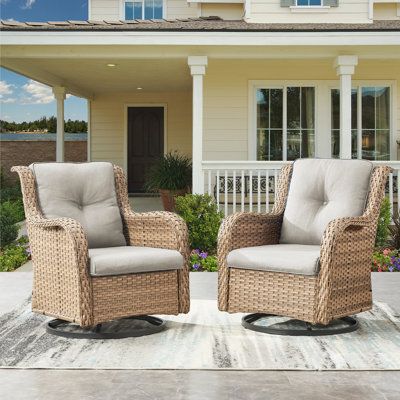 Enjoy the ultimate in comfort and style with the Carolina Outdoor Swivel Chair. Feathers 360 degree swivel, gentle swinging back and forth, this patio armchair features generous seating depth and thick cushions to allow you to relax and enjoy the outdoors. The wicker is hand-woven over powder-coated steel frames to withstand the outdoor elements, providing superior durability and toughness.This glider is perfect for various spaces, including your patio, porch, backyard, balcony, poolside, or gar Wicker Porch Furniture, Fun Sites, Screened In Porch Furniture, Bistro Patio Set, Front Porch Furniture, Rattan Rocking Chair, Outdoor Wicker Chairs, Sunroom Furniture, Outdoor Swivel Chair