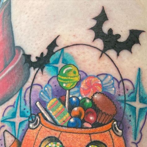 Candy Man Tattoo, American Traditional Jack O Lantern Tattoo, Halloween Theme Sleeve Tattoo, Jack O Lantern Tattoo, Kawaii Halloween Tattoo, Halloween Candy Tattoo, Spooky Candy Tattoo, Spooky Kawaii Tattoo, Candy Tattoo