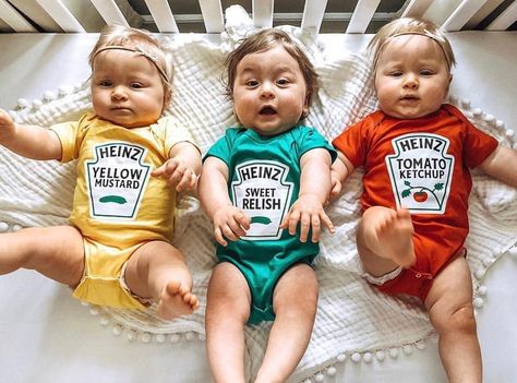 Coordinated Halloween Costumes For Twins, Triplets, and Siblings Unique Kids Halloween Costume, Triplets Photography, Mustard Outfits, Newborn Costume, Newborn Halloween Costumes, Twin Halloween