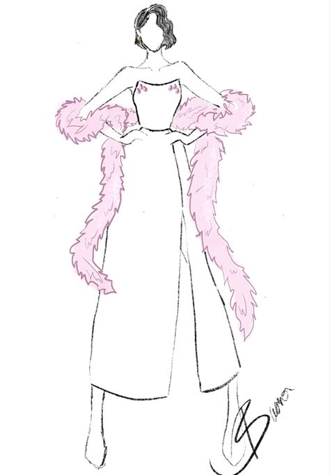 Pink feather boa thrown on top of a simple side slit  dress with pink beads on both corners of the top Feather Boa Illustration, Fur Scarf Drawing, Fur Boa Outfit, Feather Boa Drawing, Fur Dress Illustration, Ironmouse Outfit, Feather Boa Outfit, Boa Outfit, Ruffles Drawing