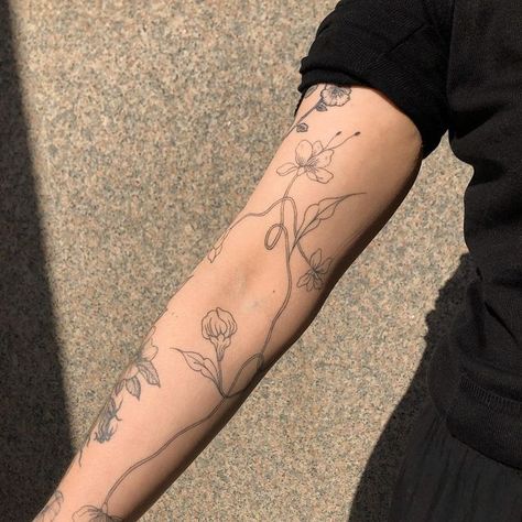 Orchid Wrap Around Tattoo, Long Forearm Tattoo, Flowers On Arm Tattoo, Big Fine Line Tattoo, Tattoo Flowers Arm, 3 Flower Tattoo, Art Tattoo Sleeve, Back Flower Tattoo, Flower Sleeve Tattoo